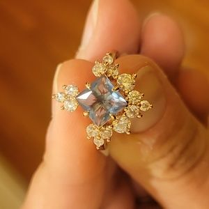 Created Light blue and clear Quartz rose gold ring